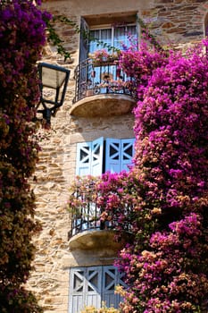 A bright, sunny day at the charming Bormes les Mimosas reveals a beautiful house adorned with flowering plants and trees in its exterior.