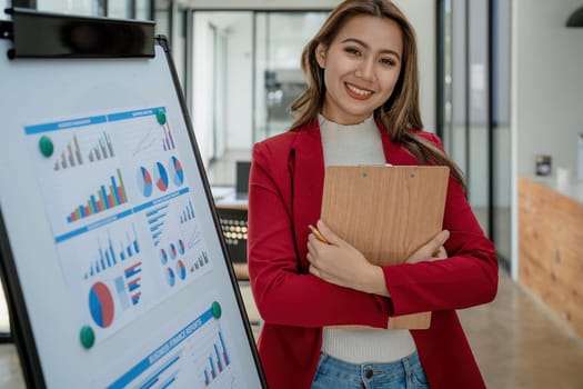 portrait of Beautiful young asian businesswoman presents business profits to colleagues at meeting, explaining business turn over on flipchart to coworkers in office with using tablet.