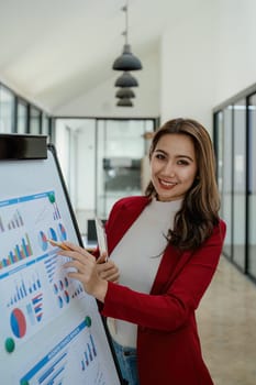 portrait of Beautiful young asian businesswoman presents business profits to colleagues at meeting, explaining business turn over on flipchart to coworkers in office with using tablet.