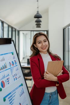 portrait of Beautiful young asian businesswoman presents business profits to colleagues at meeting, explaining business turn over on flipchart to coworkers in office with using tablet.