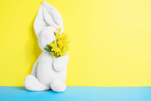 Easter white bunny on a yellow blue background. Easter holiday concept. Copy space