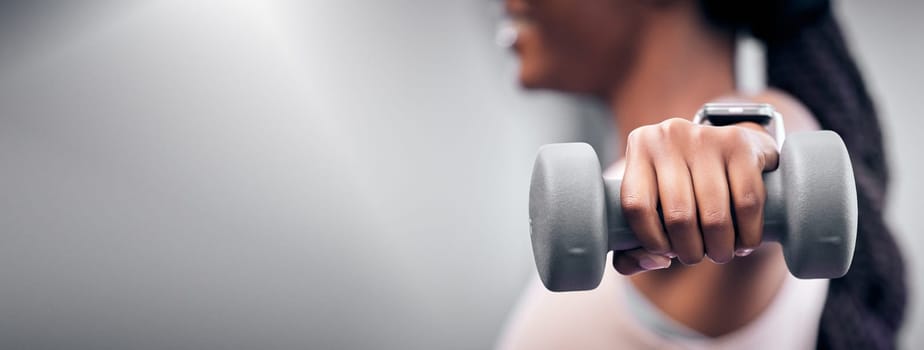 Hand with dumbbell, fitness and strong black woman with exercise zoom and weightlifting mock up, workout and muscle building. Weight training closeup, sport and power with healthy active lifestyle