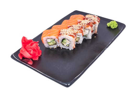 Japanese Cuisine - Sushi Roll with Shrimps and Conger, Avocado, Tobiko and Cheese. sushi rolls tempura,japanese food style