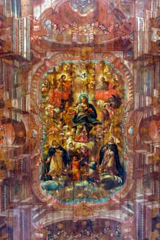 Baroque art painting with a biblical scene on the ceiling of a historic church in the city of Salvador in Bahia