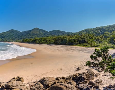Beach surrounded by untouched forest and mountains in Bertioga on the south coast of Sao Paulo state, Brazil