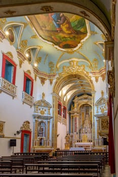 Beautiful historic baroque church interiors decorated with gold in Pelourinho in Salvador city, Bahia