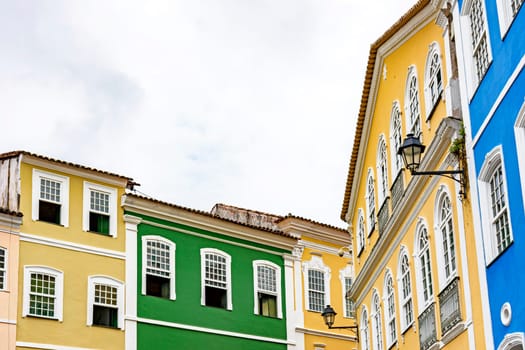 Beautiful colored facades of typical colonial-style buildings in Pelourinho in Savador, Bahia