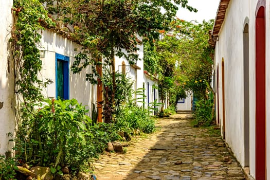 Street of the historic city of Paraty with its cobblestones and old colonial-style houses with a facade decorated with plants and flowers