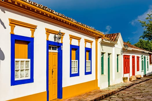 Cobblestone street with old colonial style houses in the city of Tiradentes, Minas Gerais