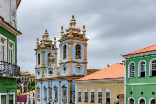 Colorful facades of churches and historic houses in the Pelourinho neighborhood in Salvador, Bahia