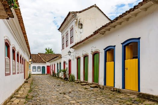 Colorful facades of old colonial-style houses on the cobblestone streets of the historic city of Paraty on the coast of Rio de Janeiro