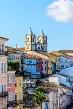 Old and colorful houses and churches in Pelourinho in the historic center of Salvador, Bahia