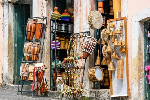 Commerce of typical products and musical instruments of various types on the streets of Pelourinho in the city of Salvador, Bahia