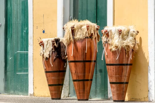 Ethnic and decorated drums also called atabaques on the streets of Pelourinho, the historic center of the city of Salvador in Bahia