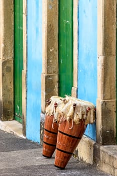 Ethnic drums also called atabaques on the streets of Pelourinho, the historic center of the city of Salvador in Bahia