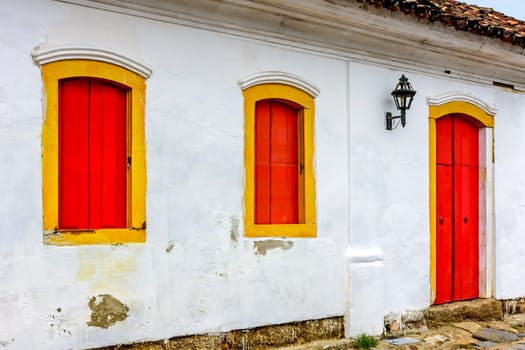 House facade in colonial architecture in the historic city of Paraty in the state of Rio de Janeiro, Brazil