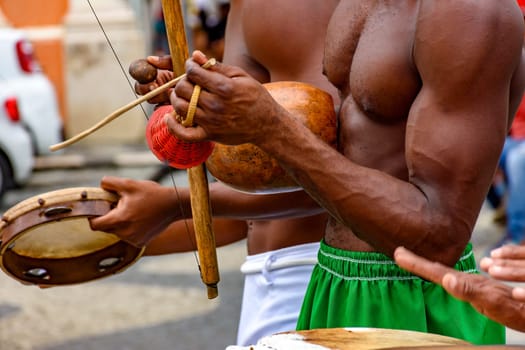 Musical instruments used during capoeira performance in the streets of Pelourinho in Salvador in Bahia
