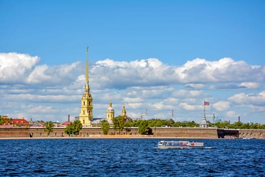 Historic St. Peter's Fortress on the banks of the Neva River in Saint Pertersburg, Russia in a suny day