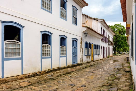 Quiet streets with old colonial-style houses and cobblestones in the historic city of Paraty on the south coast of the state of Rio de Janeiro, Brazil