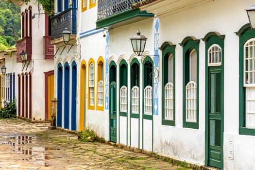 Quiet streets with colorful old colonial-style houses and cobblestones in the historic city of Paraty on the south coast of the state of Rio de Janeiro, Brazil