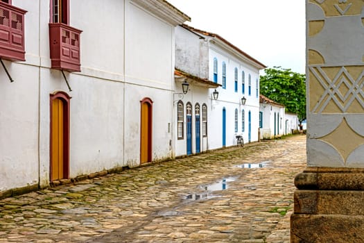 Quiet streets with old colonial-style houses and cobblestones in the historic city of Paraty on the south coast of the state of Rio de Janeiro, Brazil