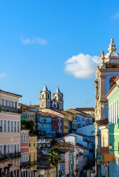 Colorful streets, houses, slopes and church in the historic district of Pelourinho in the city of Salvador in Bahia