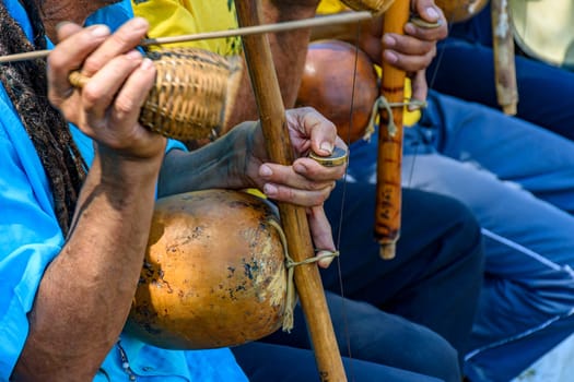 Brazilian musical instrument called berimbau and usually used during capoeira brought from africa and modified by the slaves