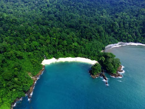 Aerial photo of a Traditional boat moored on the beach in Teluk Ijo, Banyuwangi. Indonesia.