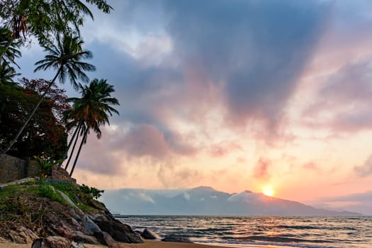 Sunset on the idyllic beach in Ilhabela on the north coast of the state of Sao Paulo