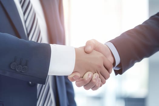 Businessman shaking hands after signing off on a meeting with partners, setting goals, and planning the way to success. Collaborative teamwork.