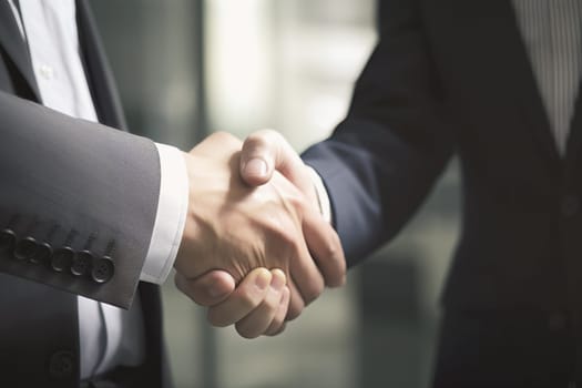 Businessman shaking hands after signing off on a meeting with partners, setting goals, and planning the way to success. Collaborative teamwork.