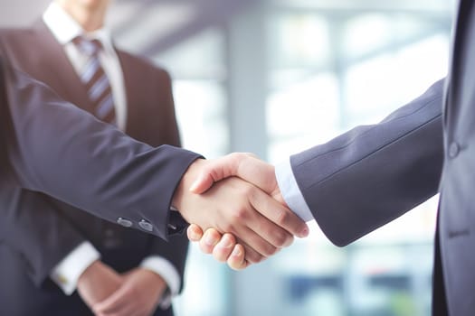 Businessman shaking hands after signing off on a meeting with partners, setting goals, and planning the way to success. Collaborative teamwork.