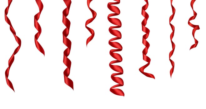 collection of various red ribbon pieces on white background. each one is shot separately