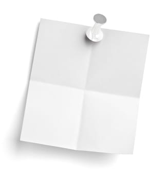 close up of a note paper with a push pin on white background