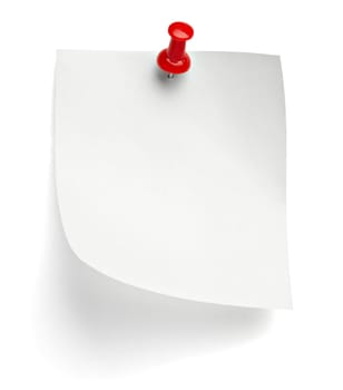 close up of a note paper with a push pin on white background