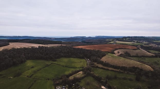 Aerial view of green countryside. High quality photo