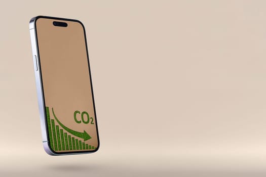 Reduction of CO2 emissions into the atmosphere. Net zero emissions. Phone with ecology graph data on the screen. Diagram of carbon reduction. Green planet and ecology.