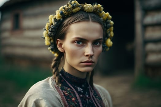 Culture of Ukraine, authenticity, uniqueness, independence and endurance. Local things, clothes, terrain. Yellow Ukrainian symbols, villages. High quality Generative AI .