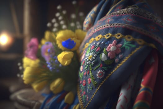 Culture of Ukraine, authenticity, uniqueness, independence and endurance. Local things, clothes, terrain. Yellow Ukrainian symbols, villages. High quality Generative AI .
