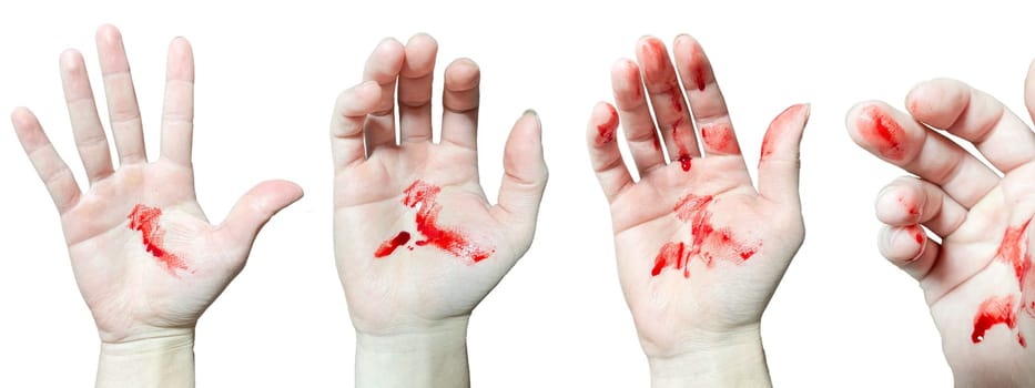 A bloody hand on a white background. The bloodstains on the palm are a real bloody hand. A set of four positions.