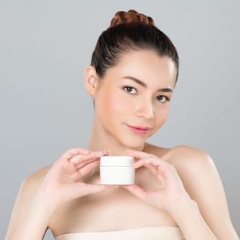 Glamorous beautiful perfect cosmetic skin with soft makeup woman portrait hold mockup jar cream or moisturizer for skincare treatment and anti-aging product advertisement in isolated background.