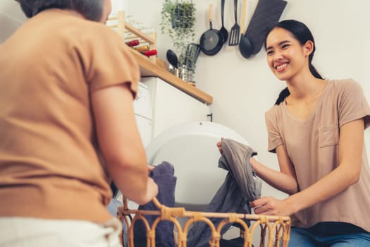 Daughter and mother working together to complete their household chores near the washing machine in a happy and contented manner. Mother and daughter doing the usual tasks in the house.