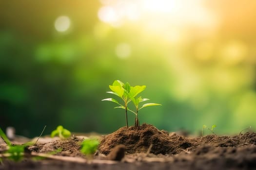 Young green plant growing at sunlight in the garden. World Earth Day banner. Save world concept.