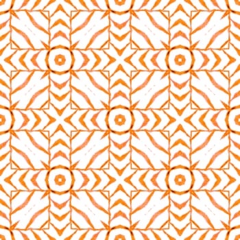 Textile ready attractive print, swimwear fabric, wallpaper, wrapping. Orange worthy boho chic summer design. Watercolor summer ethnic border pattern. Ethnic hand painted pattern.