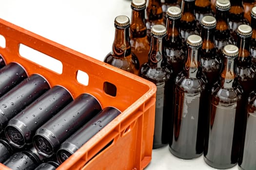 beer bottles and beverage cans in the brewery warehouse.