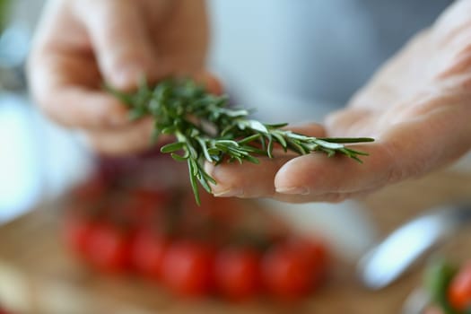 Rosemary herbs in hands of chef in kitchen. Cooking vegetables and healthy herbs for health