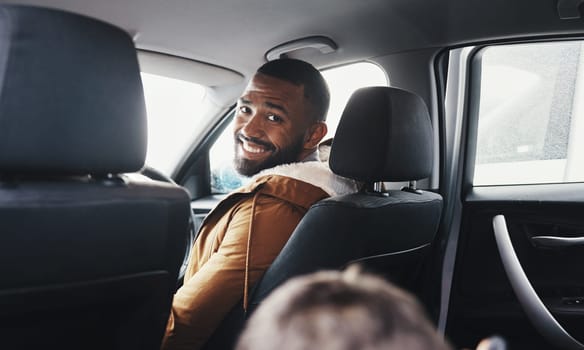 Road trip, car driver portrait and happy man on travel adventure for family bonding, wellness and freedom. Motor vehicle, driving van and father smile on transportation journey, holiday or vacation.