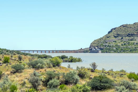 The over full Vanderkloof Dam seen from Vanderkloof town. It is the second largest dam in South Africa. It has the tallest dam wall in South Africa