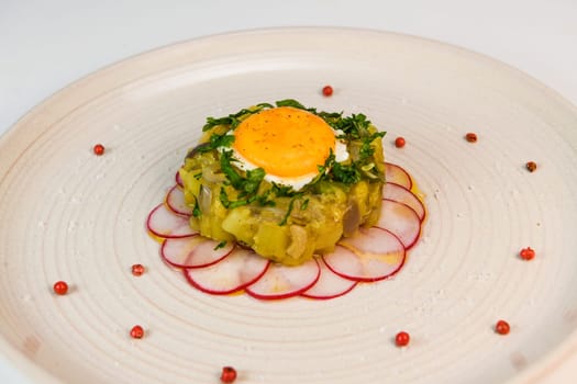 Recipe of courgette meat, onion, potato, garlic, pepper, coriander and egg yolk fried on a bed of round radish, High quality photo