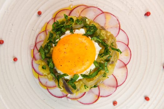 Recipe of courgette meat, onion, potato, garlic, pepper, coriander and egg yolk fried on a bed of round radish, High quality photo